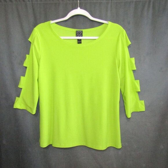 Clara Sun Woo Neon Yellow Top Size M Stretch Knit Cutout 3/4 Sleeve Pullover - Picture 8 of 8